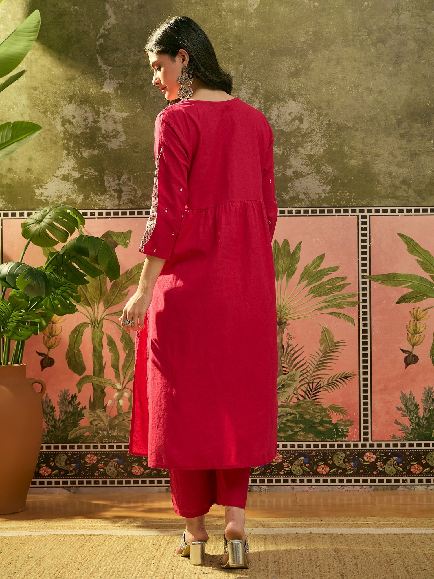 Women's Red Solid & Embroidered Cotton A-Line Kurta Pant Set (KPREDBOO