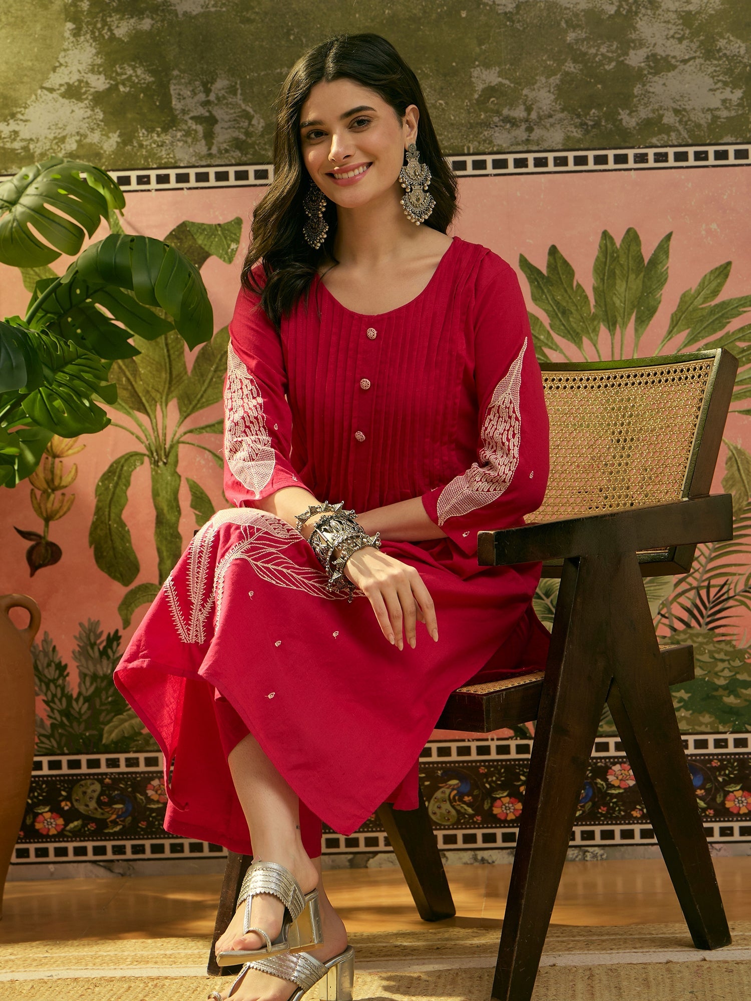 Women's Red Solid & Embroidered Cotton A-Line Kurta Pant Set (KPREDBOO