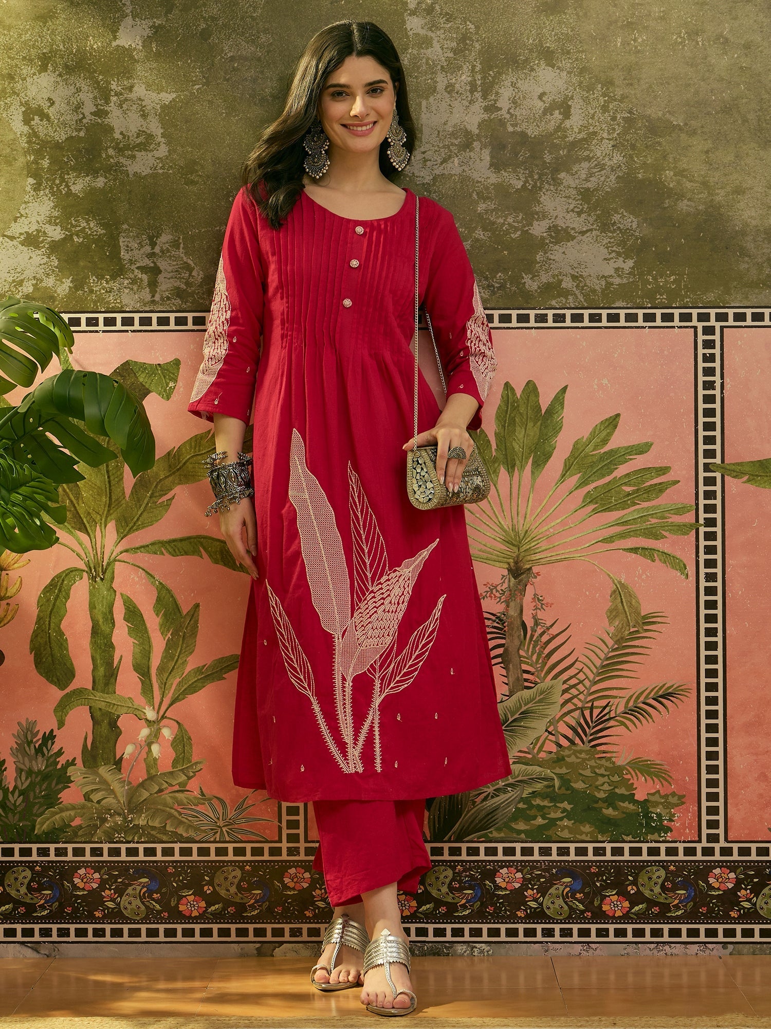 Women's Red Solid & Embroidered Cotton A-Line Kurta Pant Set (KPREDBOO