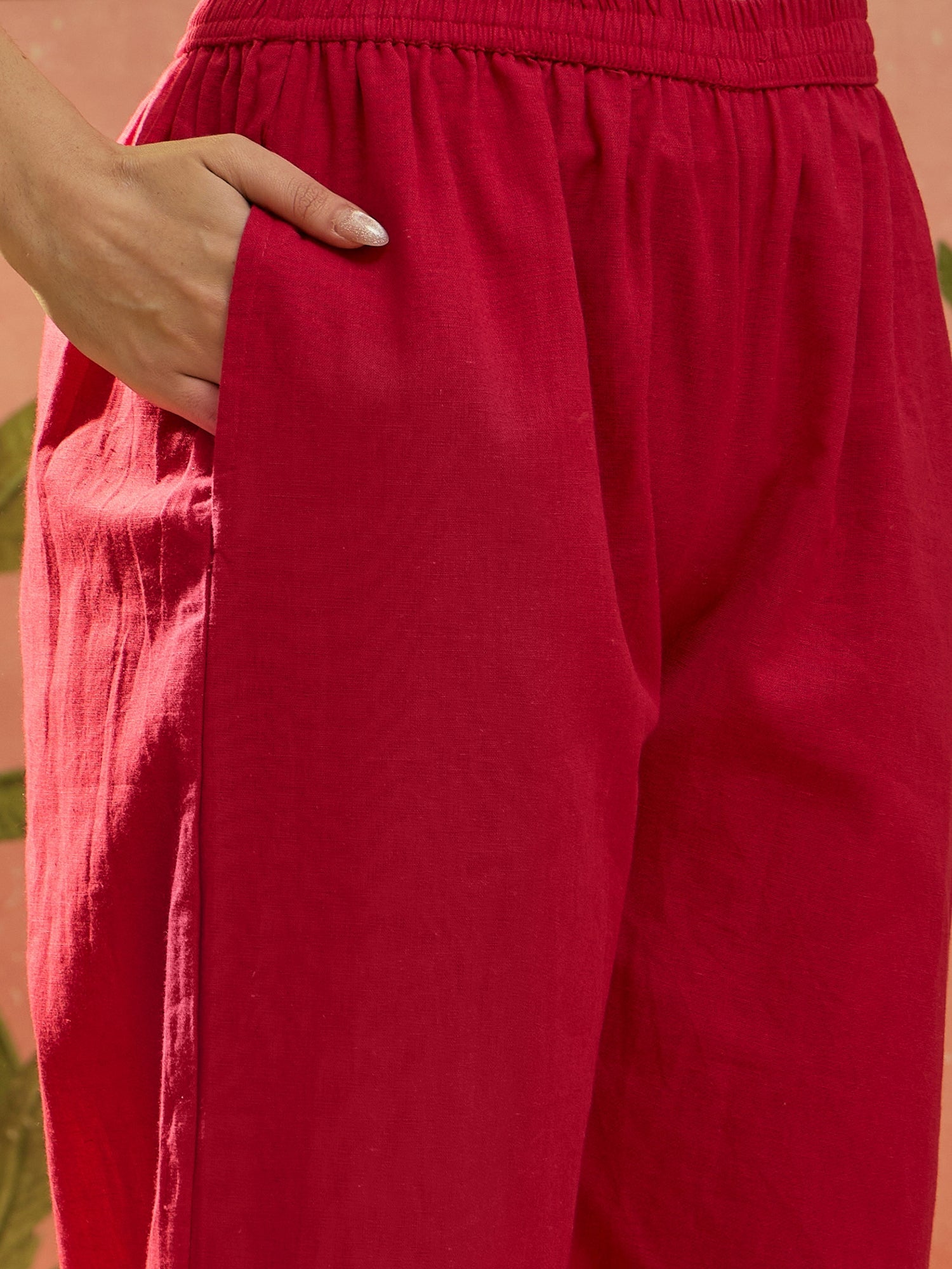 Women's Red Solid & Embroidered Cotton A-Line Kurta Pant Set (KPREDBOO