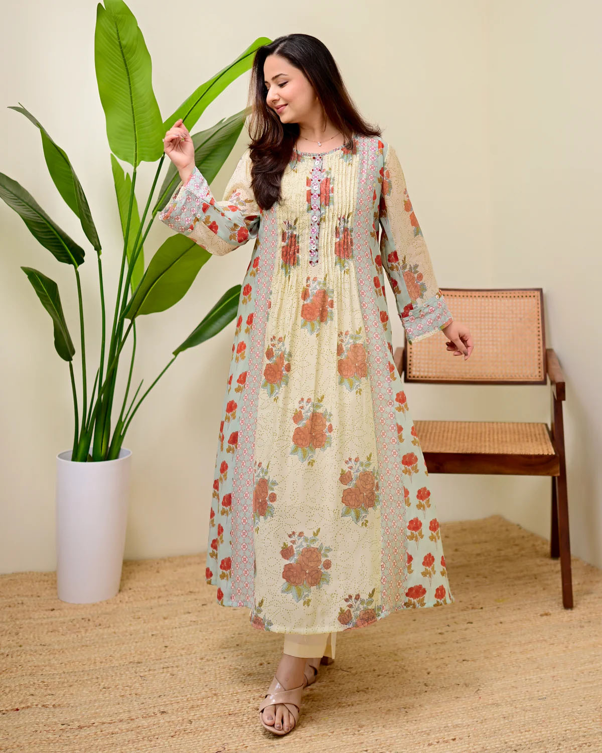 Women's Green Floral Printed Voile A-Line Kurta Pant Set (KPRUSTSIMPY)