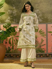 Stylum Women's White Tropical Printed Cotton Straight Kurta Palazzo Set (KPWHITEKIGER)