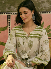 Stylum Women's White Tropical Printed Cotton Straight Kurta Palazzo Set (KPWHITEKIGER)