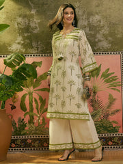 Stylum Women's White Tropical Printed Cotton Straight Kurta Palazzo Set (KPWHITEKIGER)