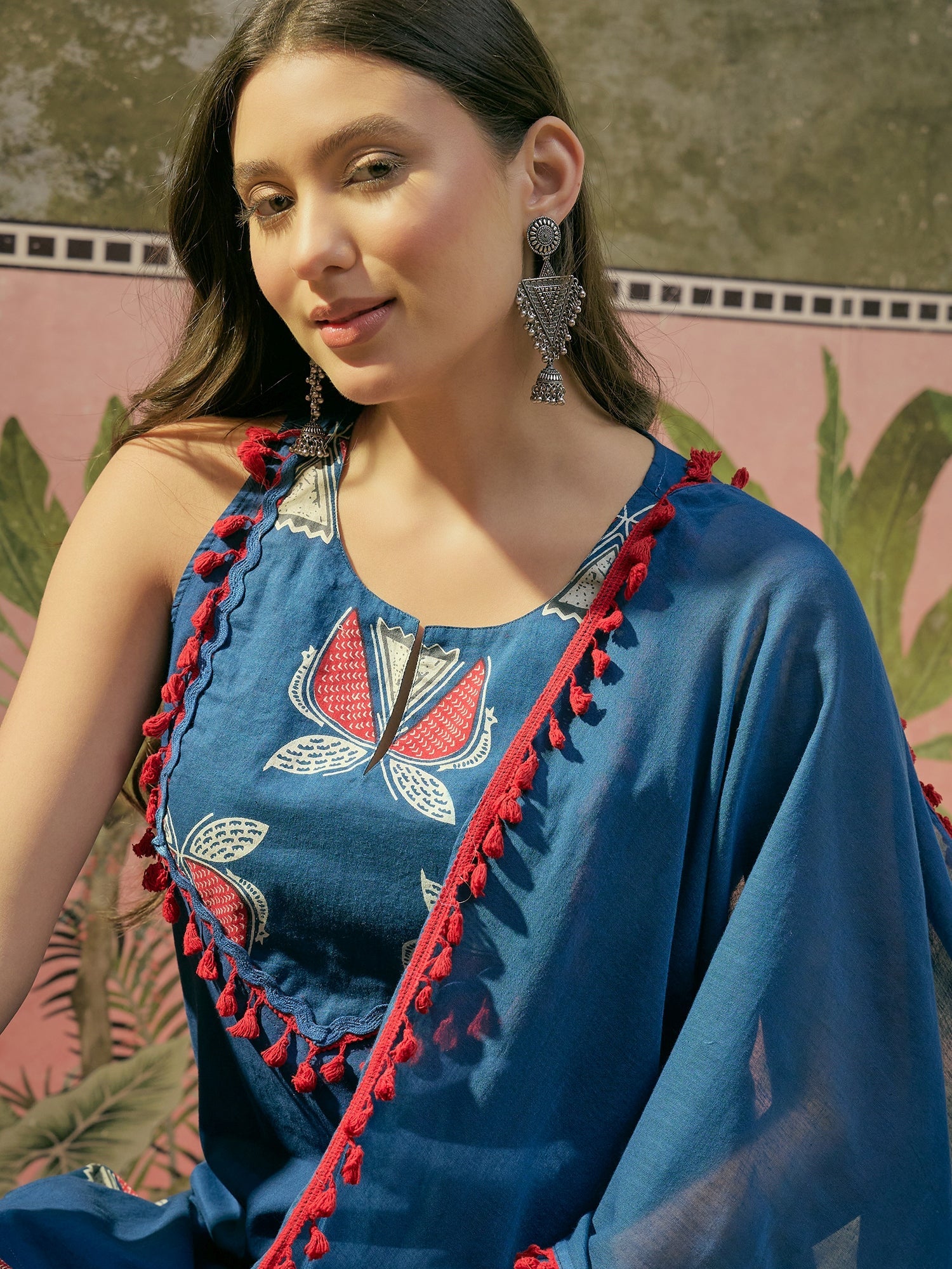 Women's Blue Solid Cotton Straight Kurti Parshi Salwar Dupatta Set (KS