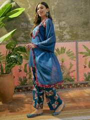 Stylum Women's Blue Solid Cotton Straight Kurti Parshi Salwar Dupatta Set (KSDBLUEJUREL)