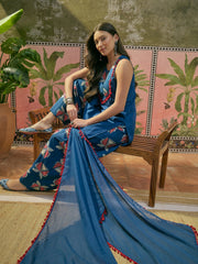 Stylum Women's Blue Solid Cotton Straight Kurti Parshi Salwar Dupatta Set (KSDBLUEJUREL)
