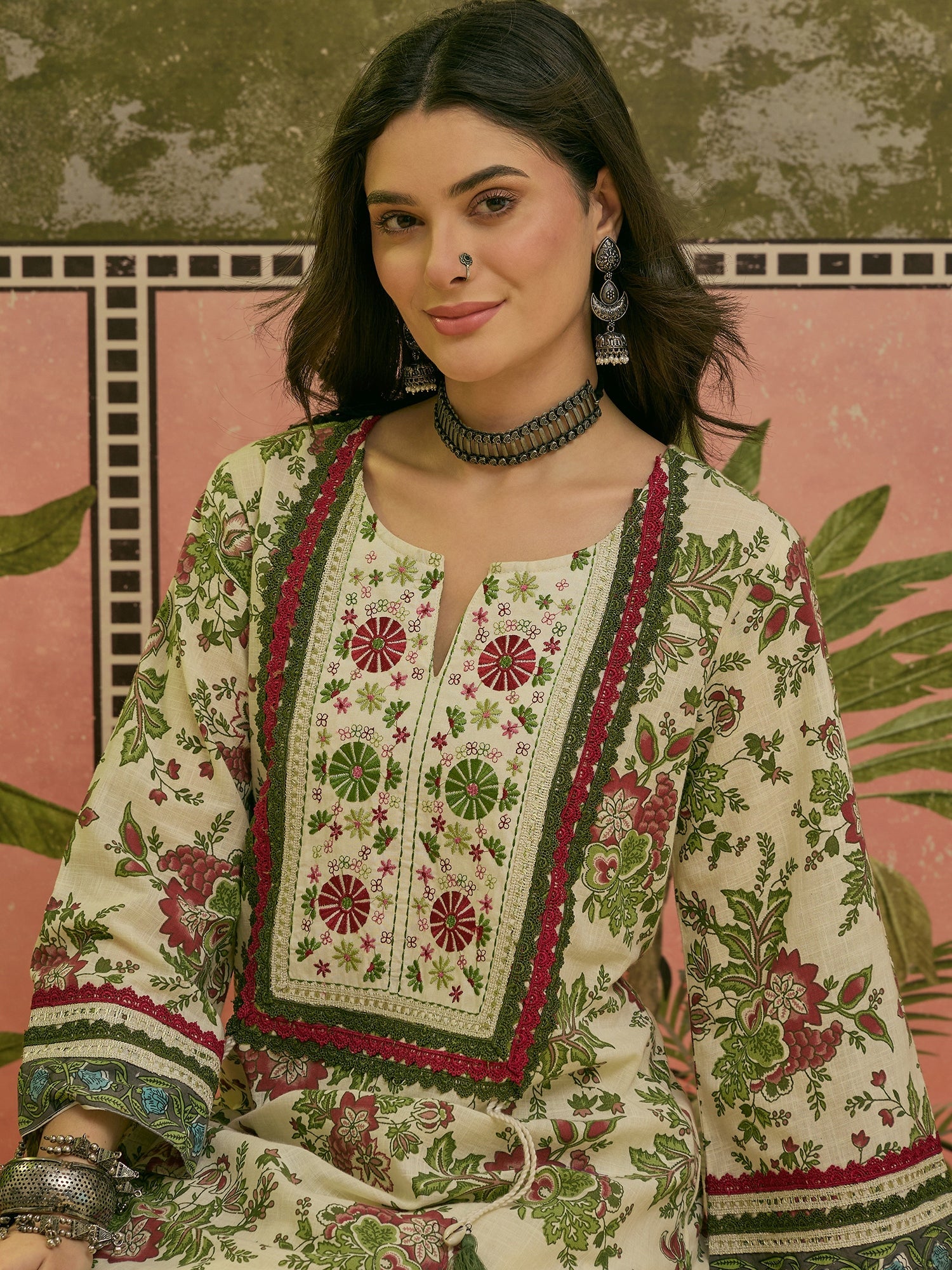 Women's Red Floral Printed & Embroidered Cotton A-Line Kurti Farshi Sa