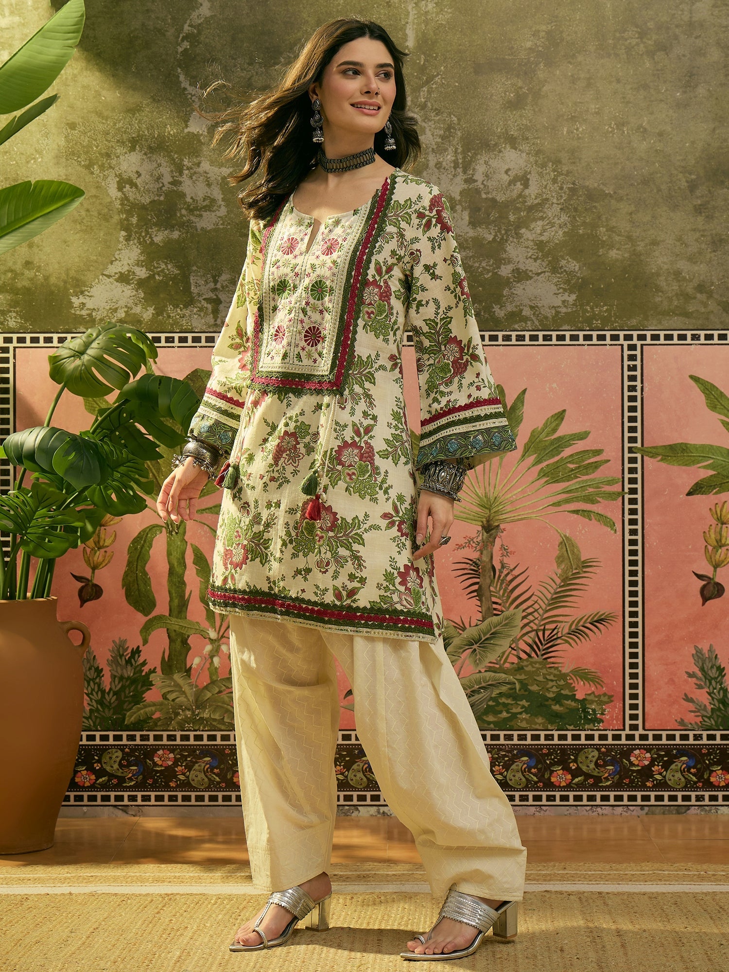 Women's Red Floral Printed & Embroidered Cotton A-Line Kurti Farshi Sa