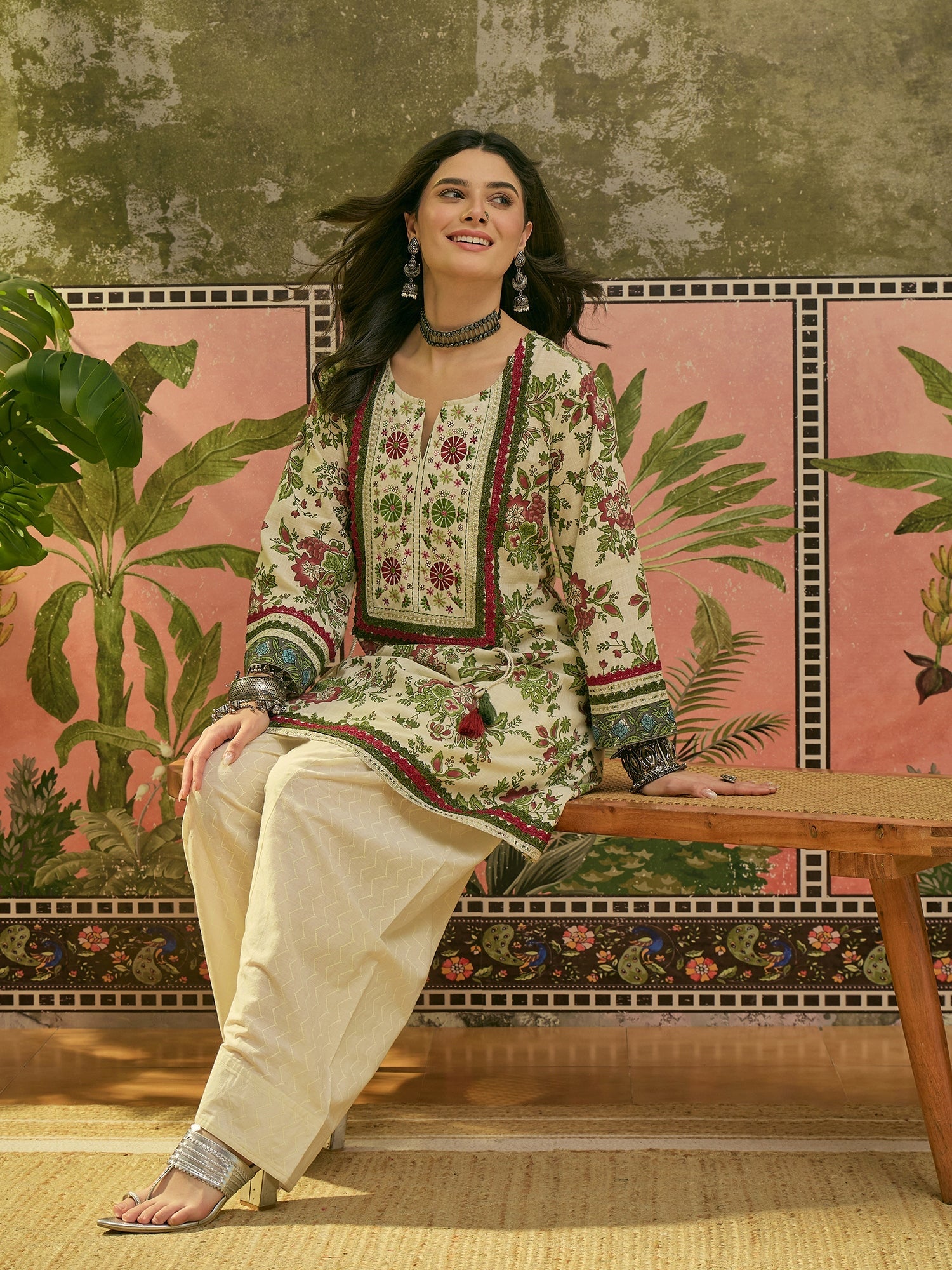 Women's Red Floral Printed & Embroidered Cotton A-Line Kurti Farshi Sa