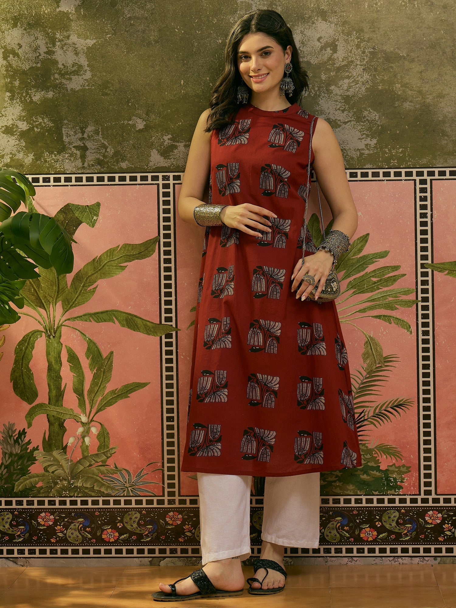 Women's Rust Block Printed Rayon Straight Kurta (RUSTMACAU) | DesiQlo