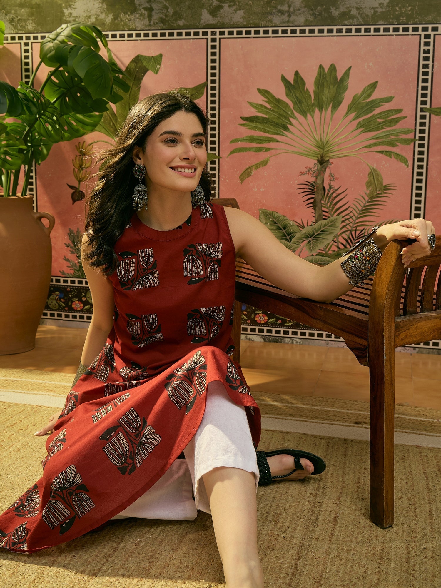 Women's Rust Block Printed Rayon Straight Kurta (RUSTMACAU) | DesiQlo