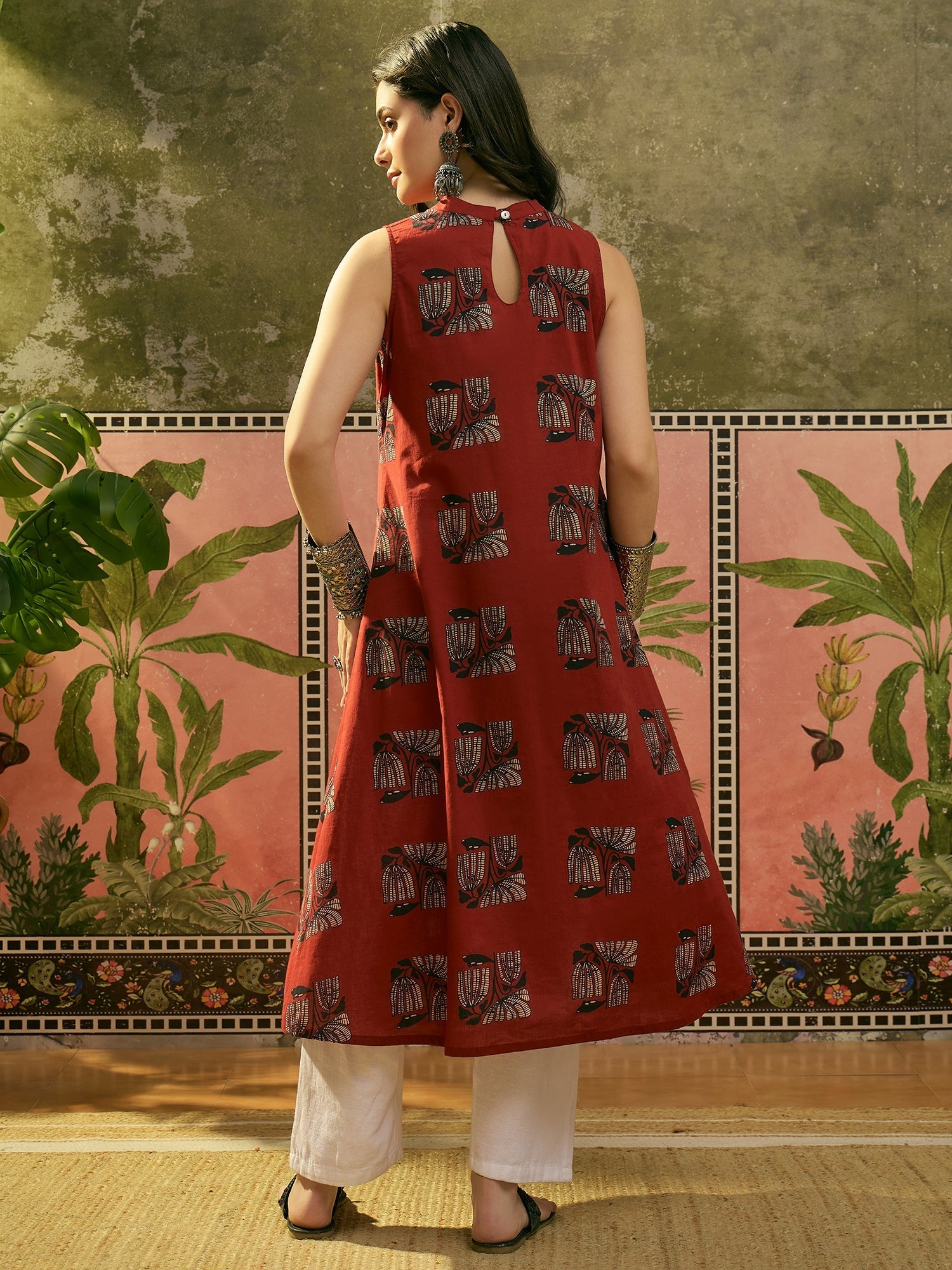 Women's Rust Block Printed Rayon Straight Kurta (RUSTMACAU) | DesiQlo