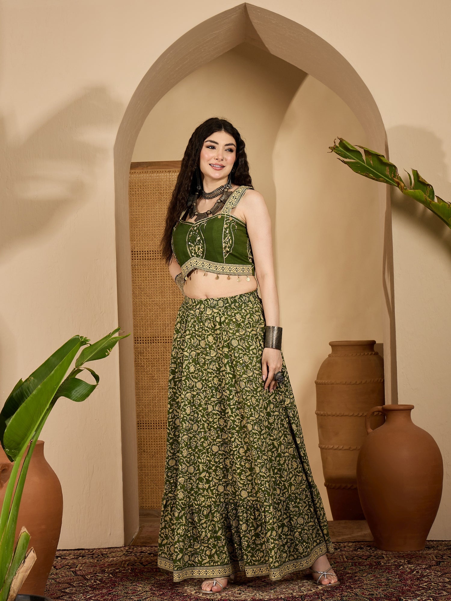 Women's Green Ethnic Printed Cotton Crop Top With Skirt (STGREENSARAS)
