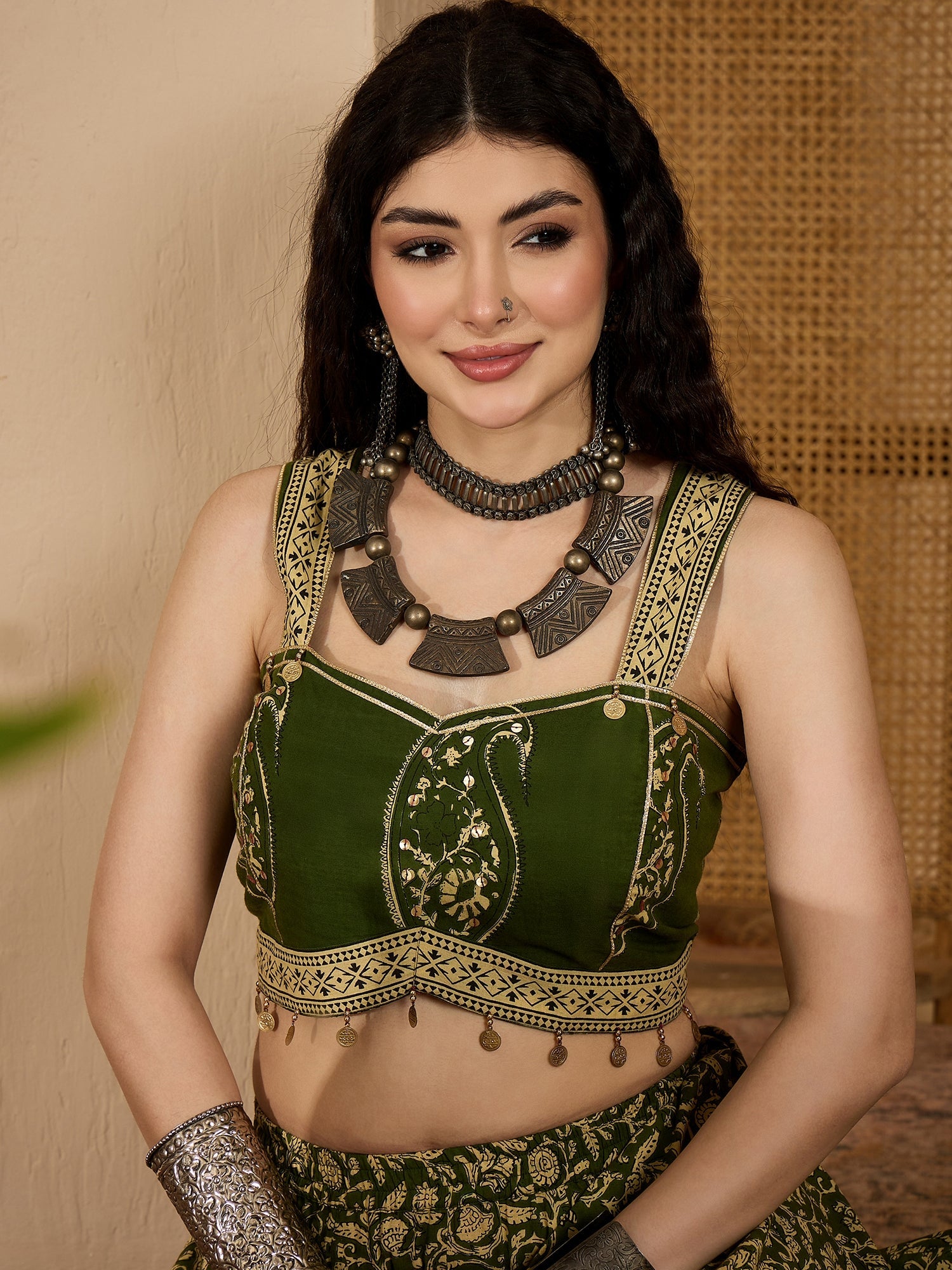 Women's Green Ethnic Printed Cotton Crop Top With Skirt (STGREENSARAS)