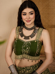 Stylum Women's Green Ethnic Printed Cotton Crop Top With Skirt (STGREENSARAS)