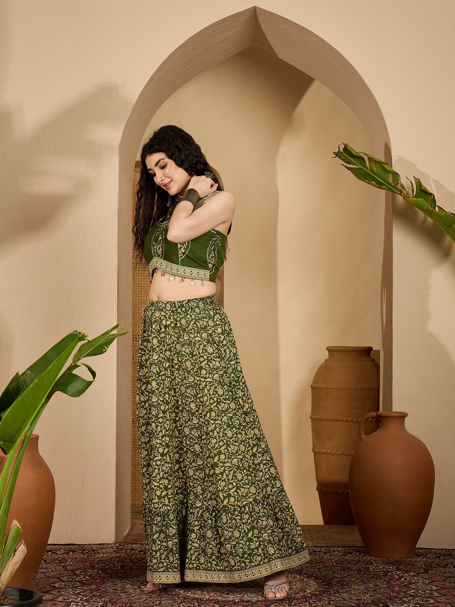 Women's Green Ethnic Printed Cotton Crop Top With Skirt (STGREENSARAS)