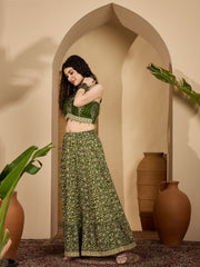 Stylum Women's Green Ethnic Printed Cotton Crop Top With Skirt (STGREENSARAS)
