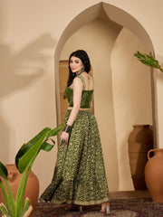 Stylum Women's Green Ethnic Printed Cotton Crop Top With Skirt (STGREENSARAS)