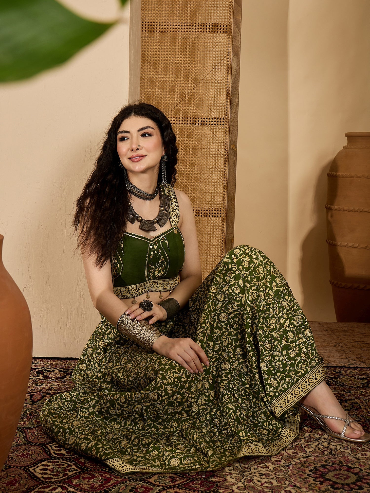 Women's Green Ethnic Printed Cotton Crop Top With Skirt (STGREENSARAS)
