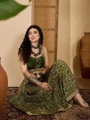 Stylum Women's Green Ethnic Printed Cotton Crop Top With Skirt (STGREENSARAS)