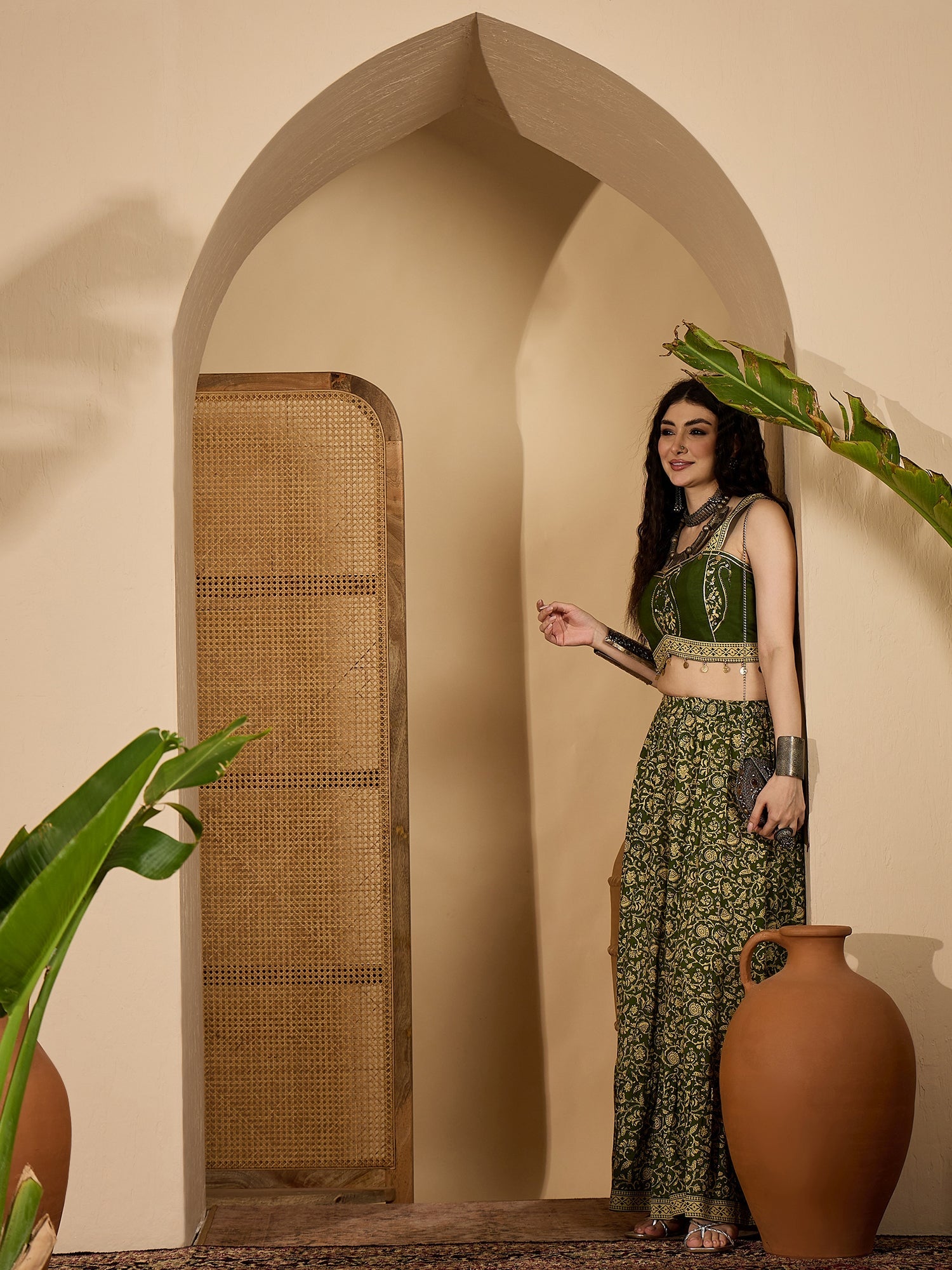 Women's Green Ethnic Printed Cotton Crop Top With Skirt (STGREENSARAS)