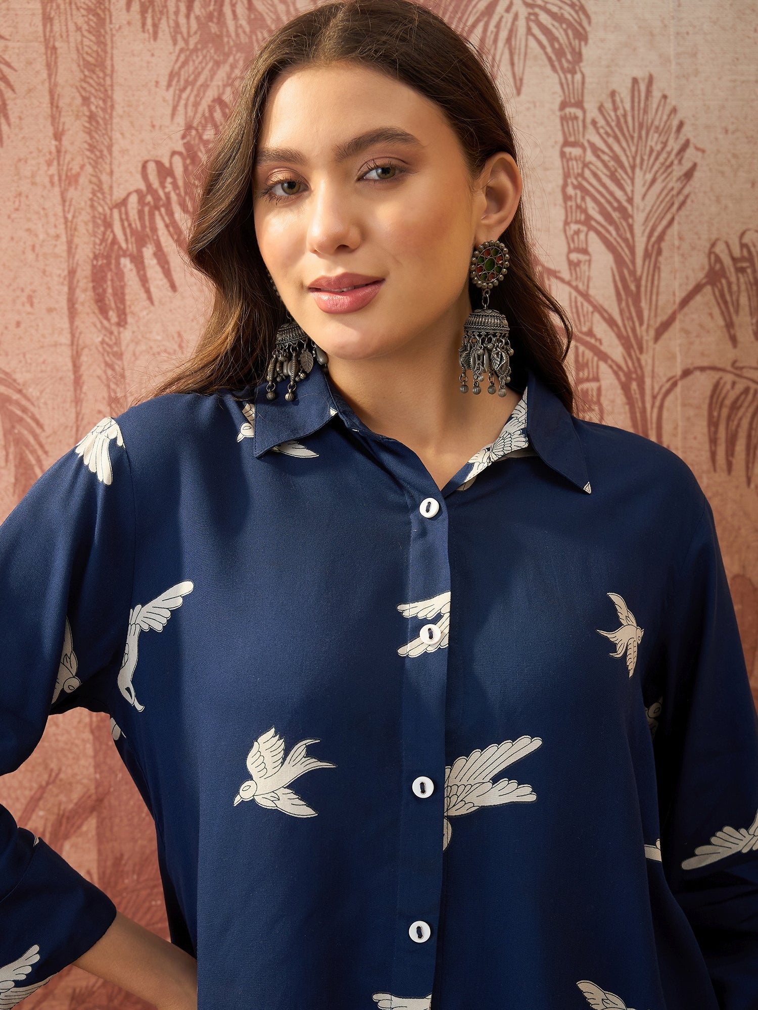 Women's Blue Printed Rayon High-Low Shirt (TOPBLUESAUNF) | DesiQlo