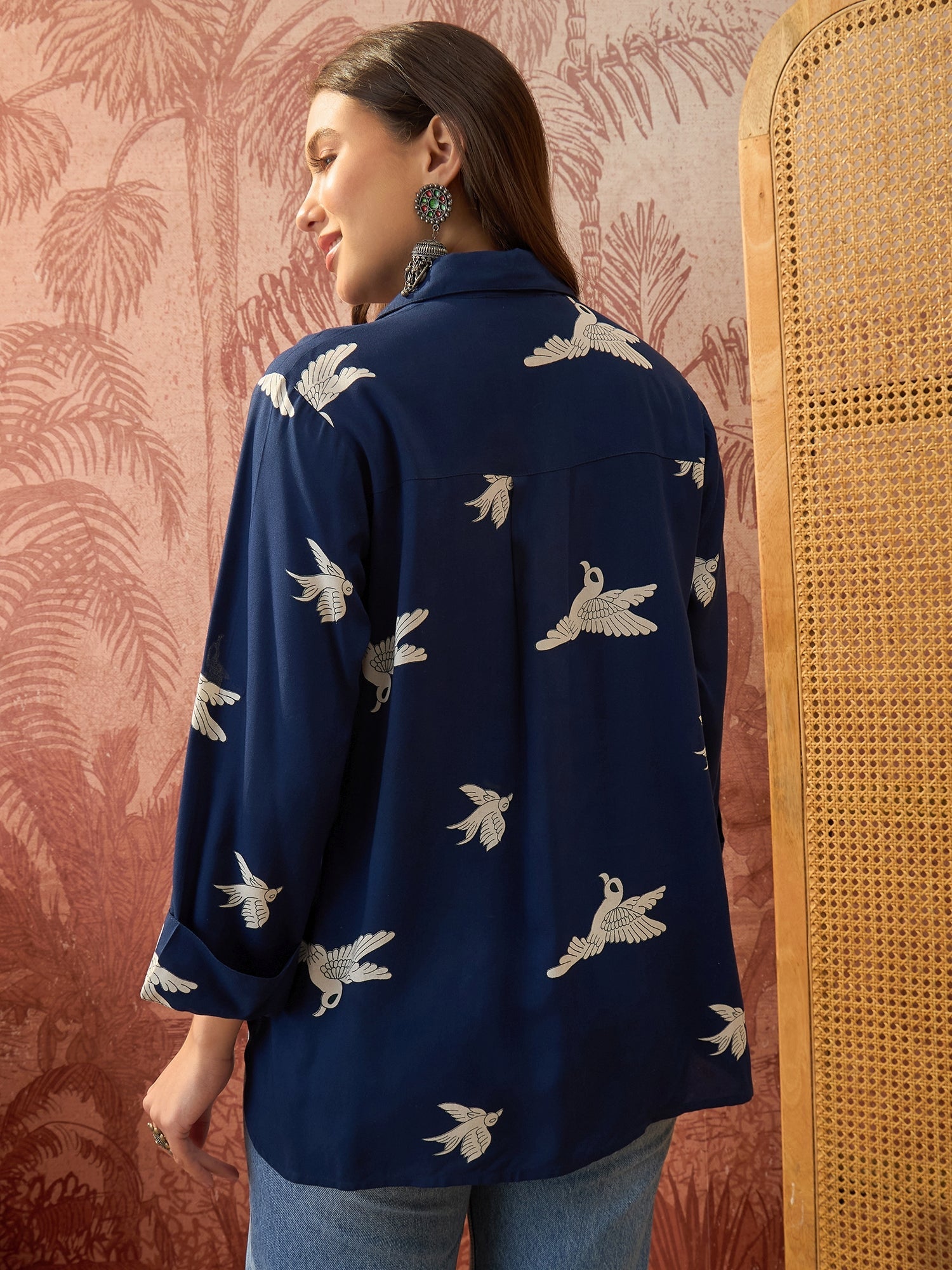 Women's Blue Printed Rayon High-Low Shirt (TOPBLUESAUNF) | DesiQlo