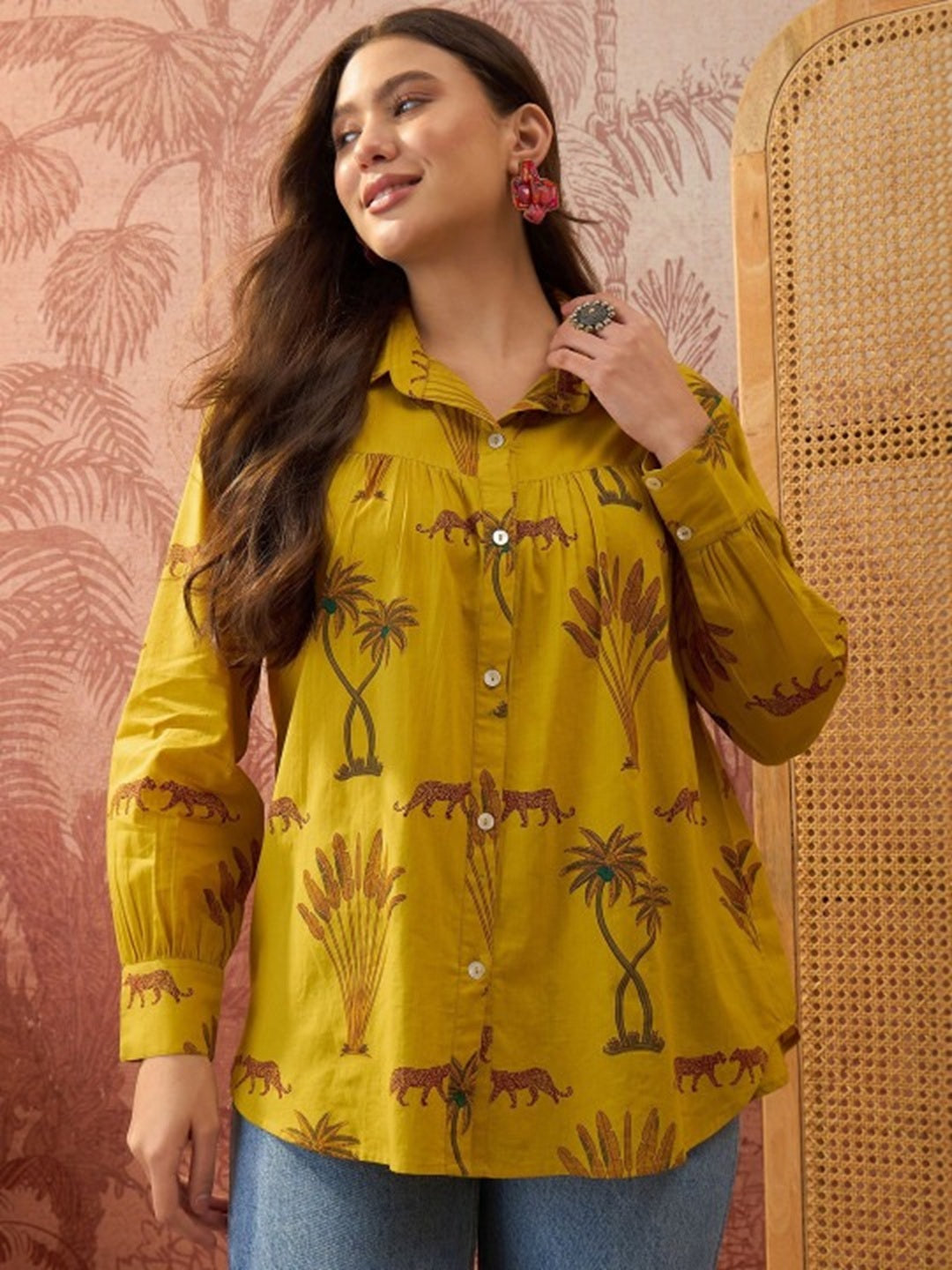 Women's Yellow Palm Tree Printed Cotton Shirt (TOPYELLOWKARA) | DesiQl