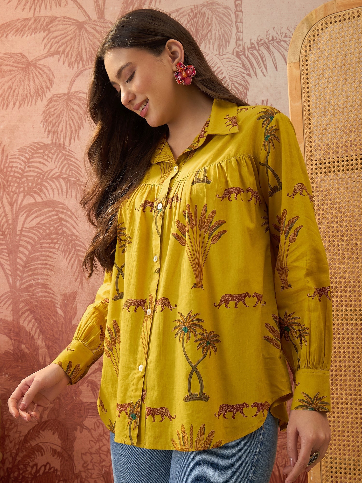 Women's Yellow Palm Tree Printed Cotton Shirt (TOPYELLOWKARA) | DesiQl