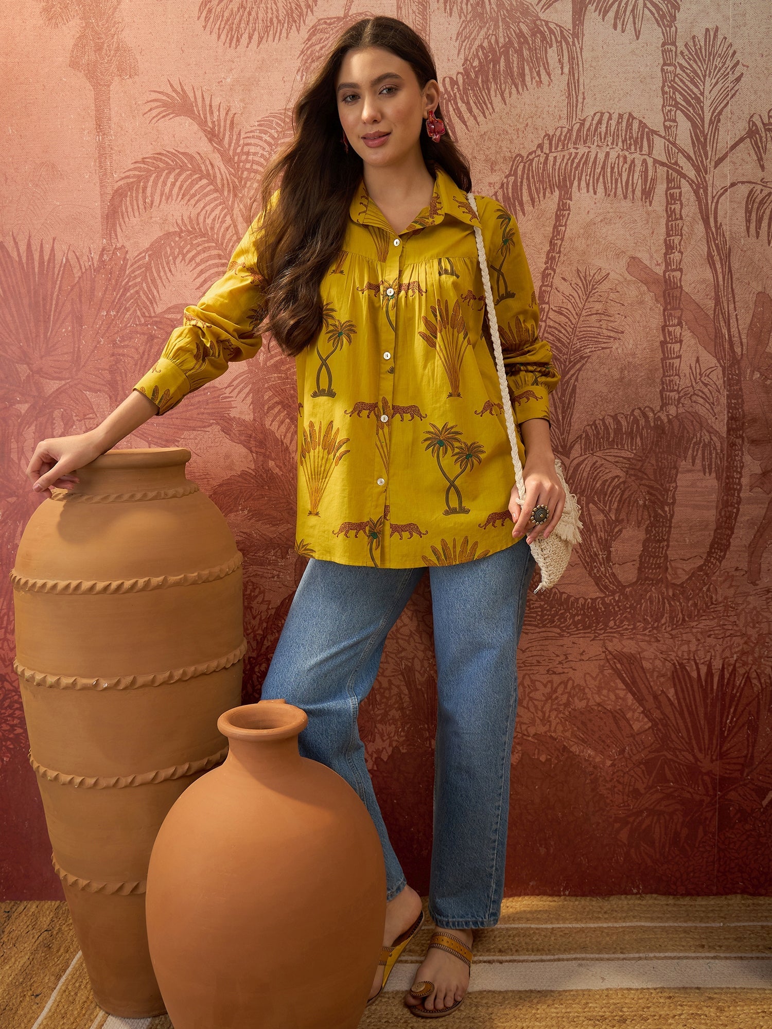 Women's Yellow Palm Tree Printed Cotton Shirt (TOPYELLOWKARA) | DesiQl