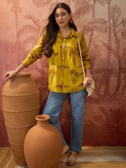 Stylum Women's Yellow Palm Tree Printed Cotton Shirt (TOPYELLOWKARA)