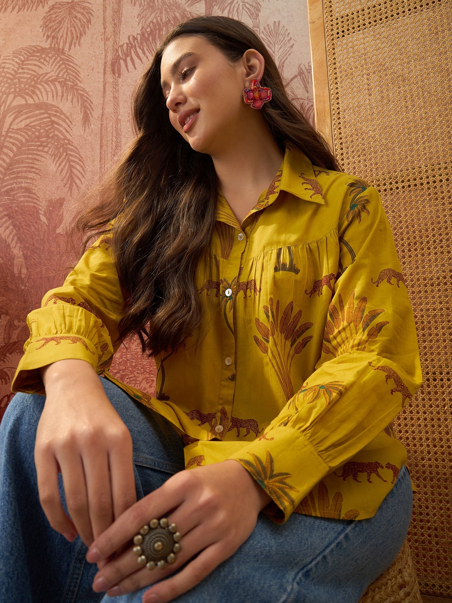 Women's Yellow Palm Tree Printed Cotton Shirt (TOPYELLOWKARA) | DesiQl