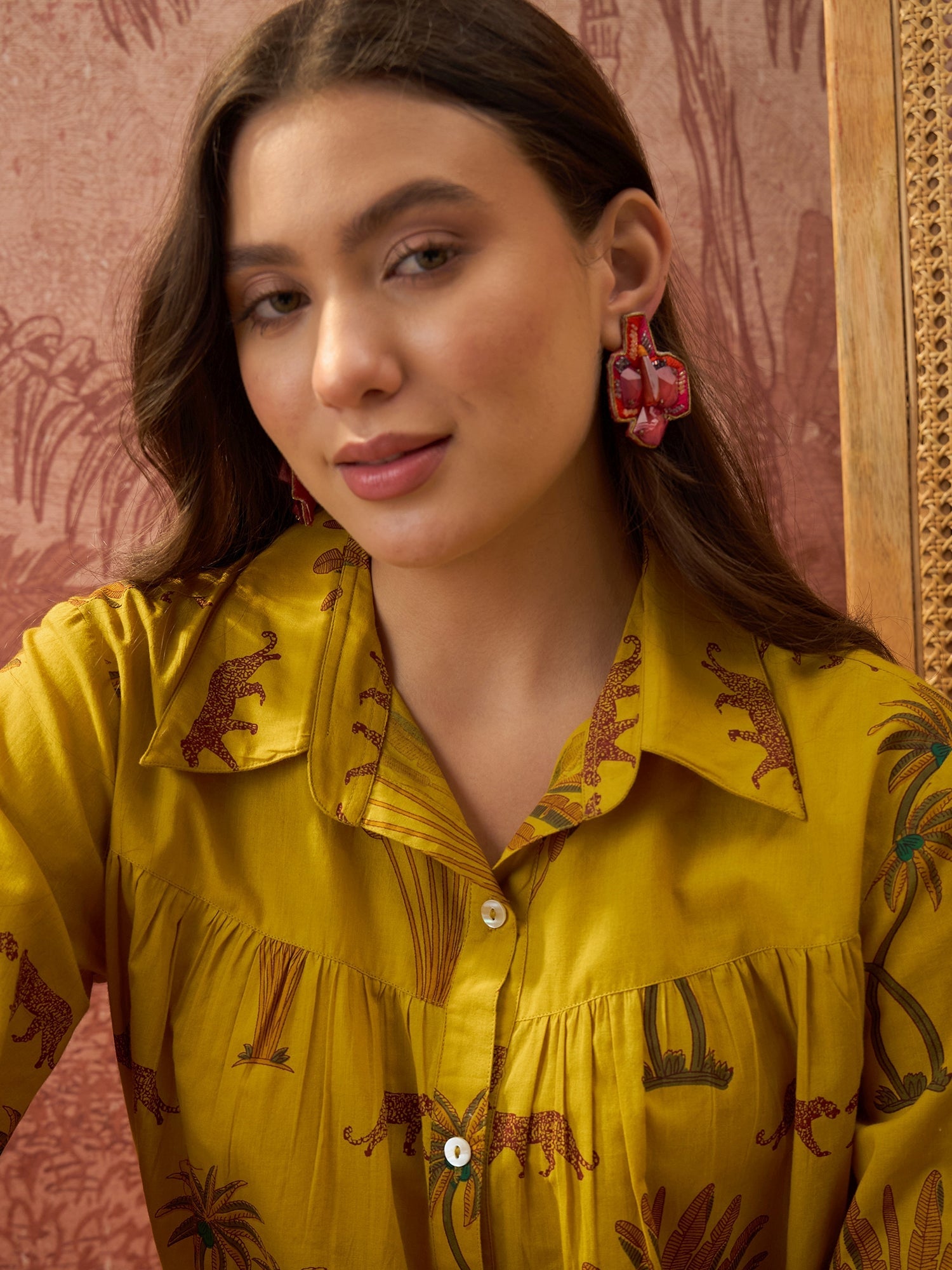 Women's Yellow Palm Tree Printed Cotton Shirt (TOPYELLOWKARA) | DesiQl