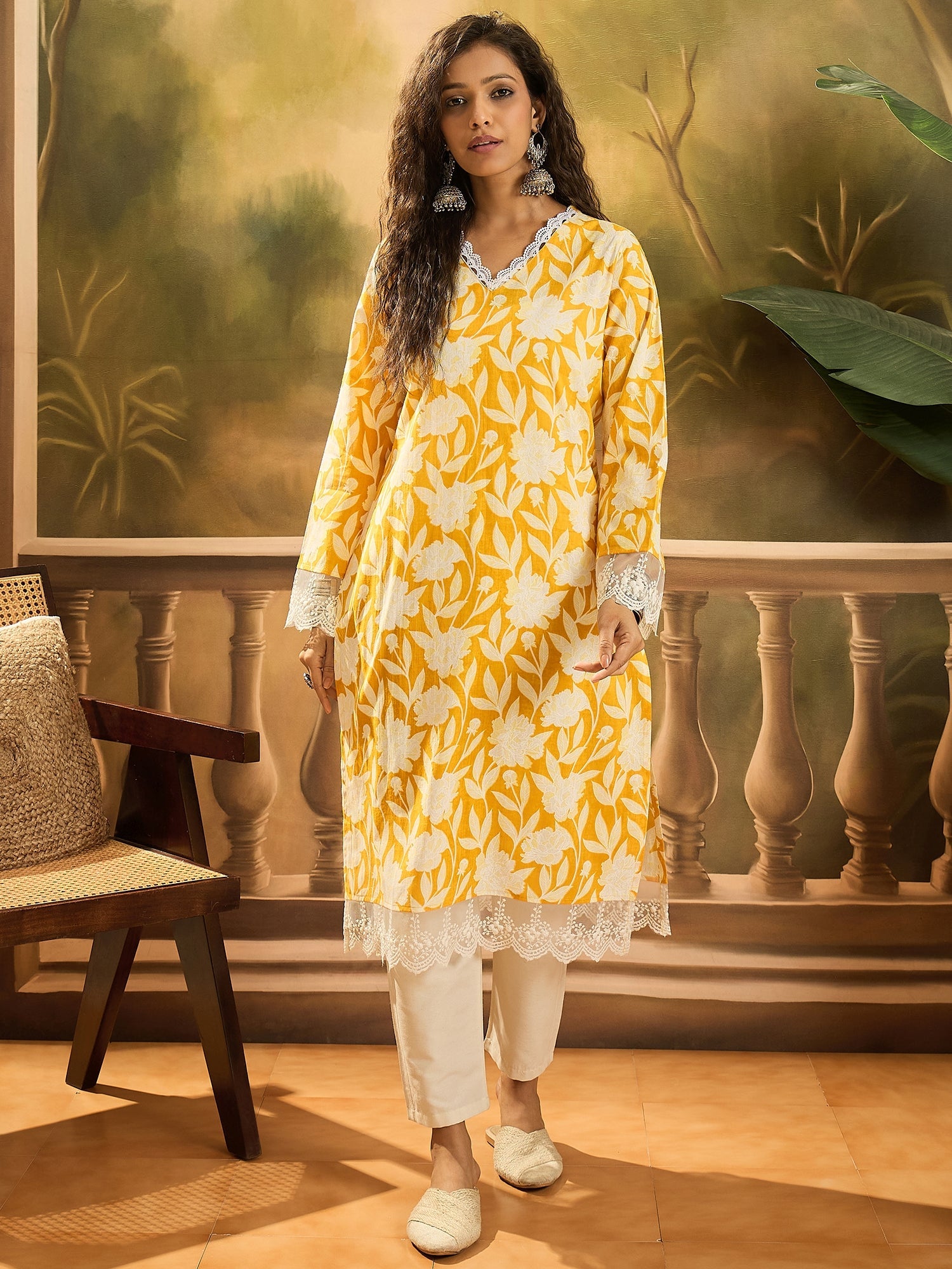 Women's Yellow Floral Printed Cotton Straight Kurta (YELLOWGALI) | Des