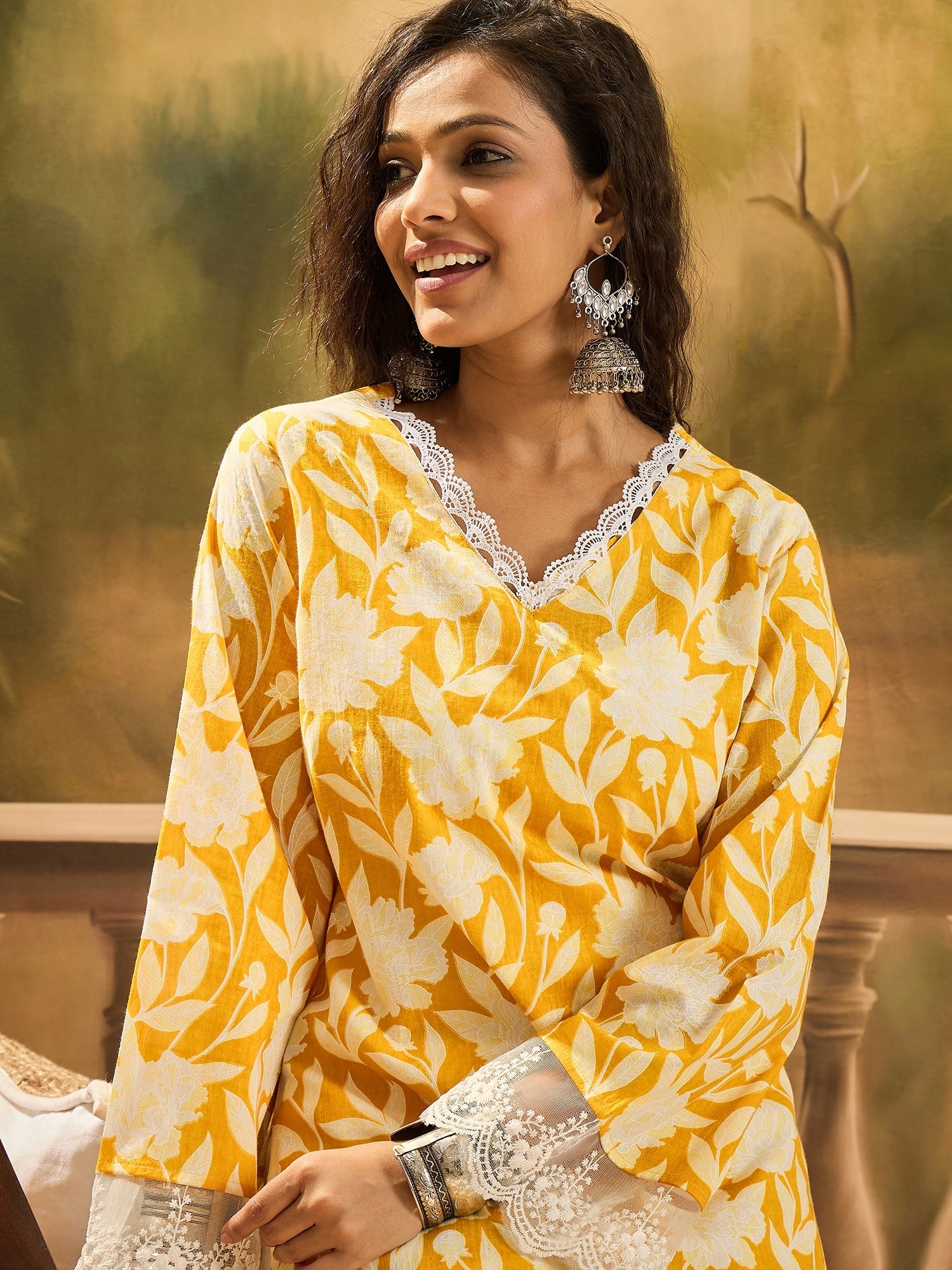 Women's Yellow Floral Printed Cotton Straight Kurta (YELLOWGALI) | Des