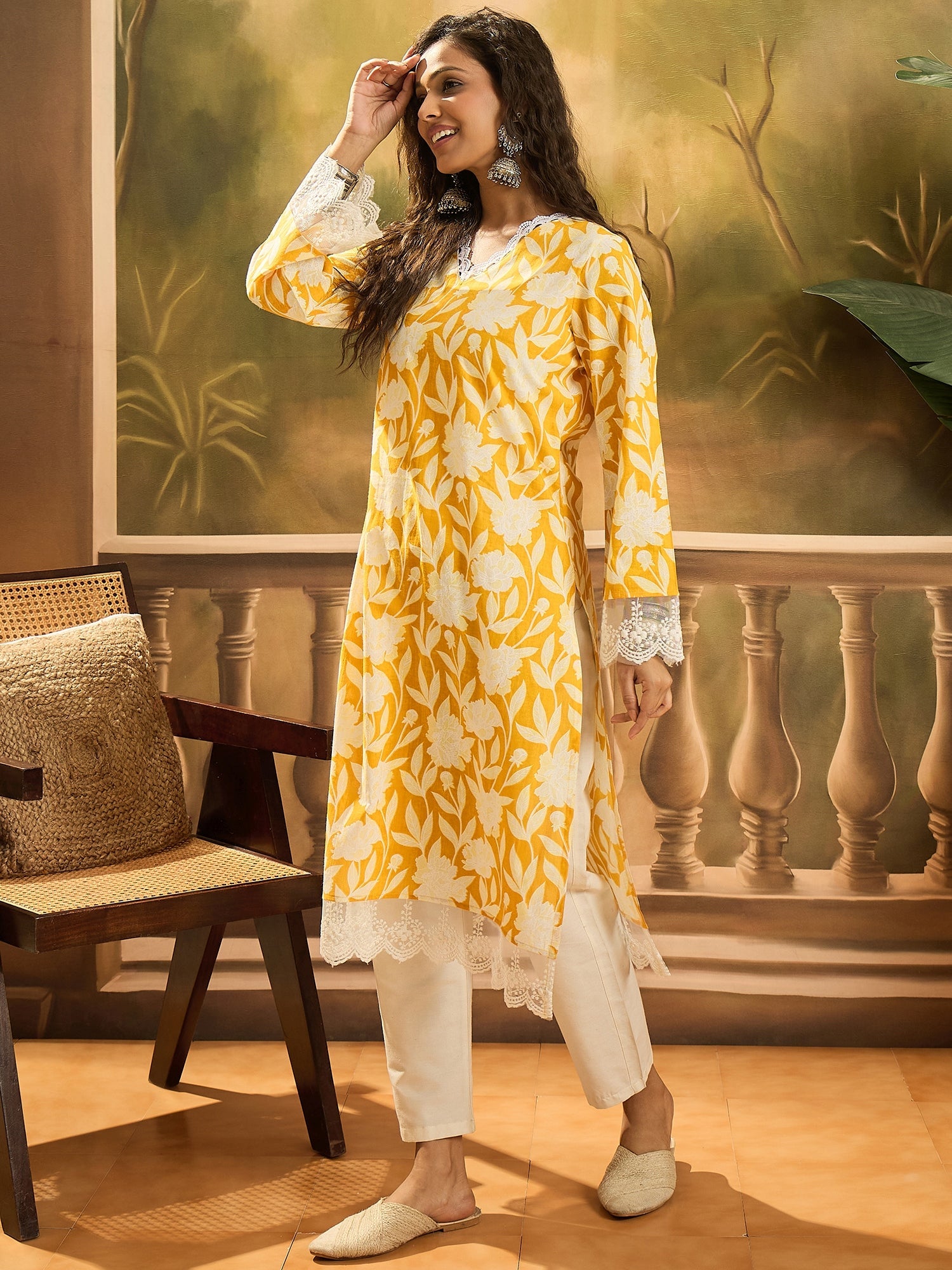 Women's Yellow Floral Printed Cotton Straight Kurta (YELLOWGALI) | Des