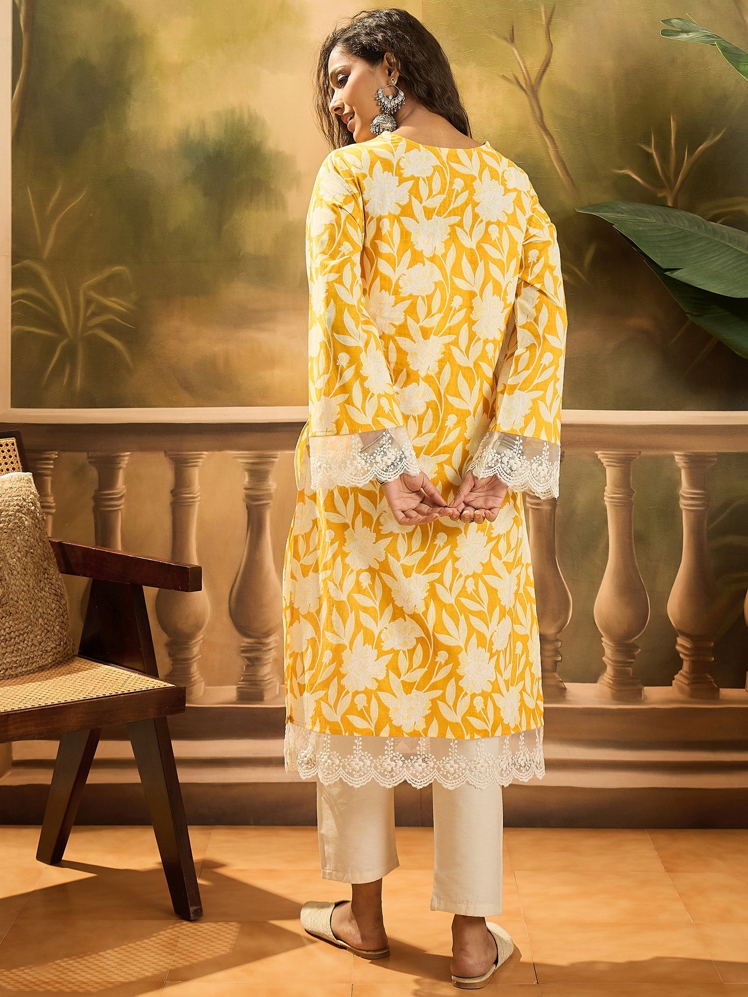 Women's Yellow Floral Printed Cotton Straight Kurta (YELLOWGALI) | Des