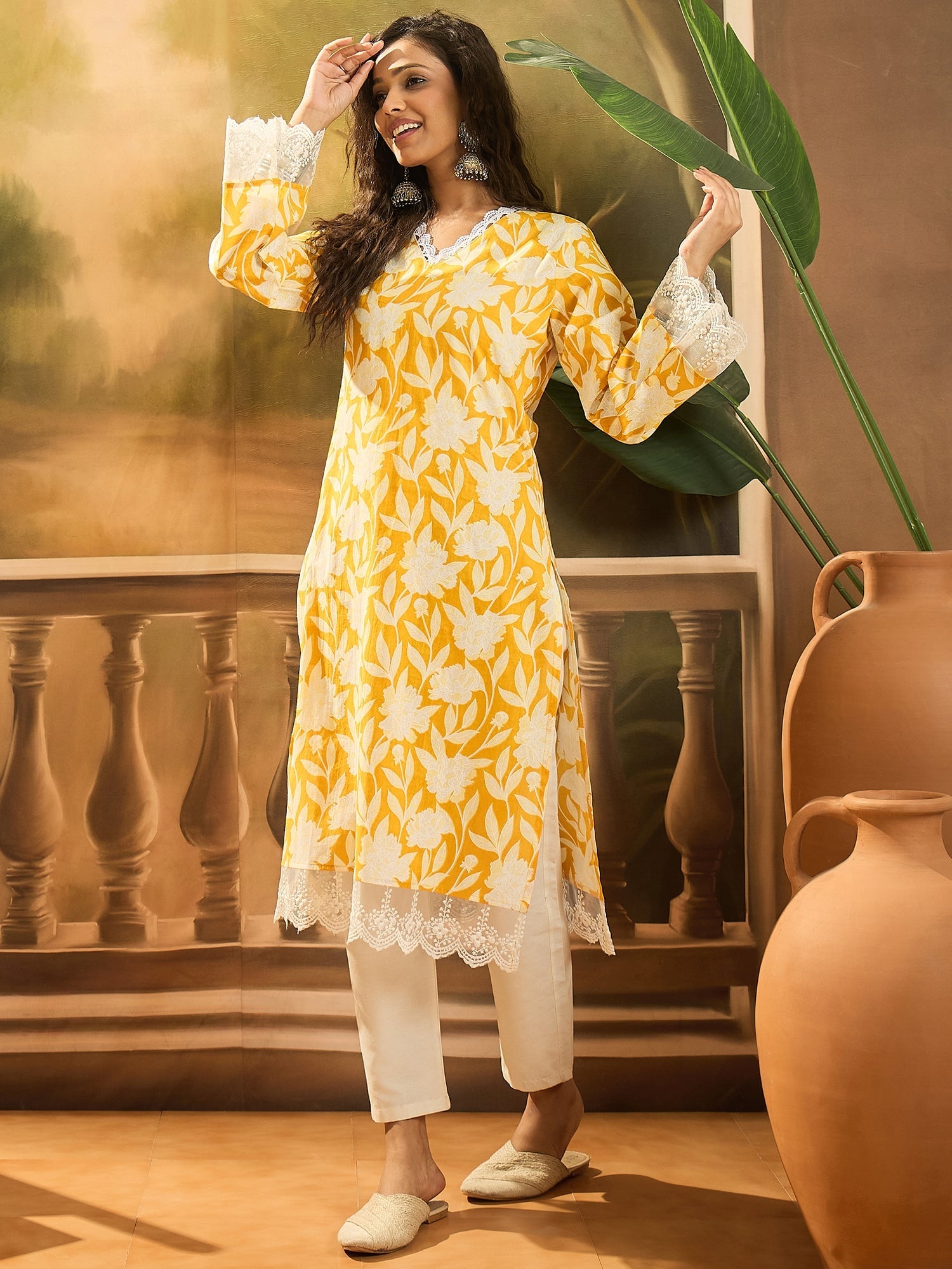 Women's Yellow Floral Printed Cotton Straight Kurta (YELLOWGALI) | Des