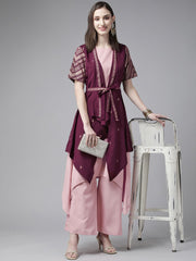 Rose Pink Crepe Kurta Palazzos Set With Burgundy Jacket-AHKUPZJK-COMBO-338