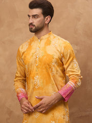 Ethnic Bay Men Yellow Silk Blend Batik Embroidered Straight Kurta With Pant Set-MKSET1513