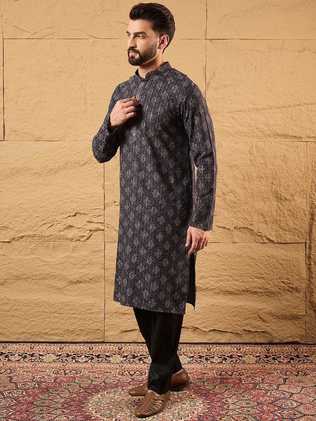 Ethnic Bay Mens Grey Viscose Rayon Ethnic Motifs Embroidered Chikankari Straight Kurta With Pant Set-MKSET1165