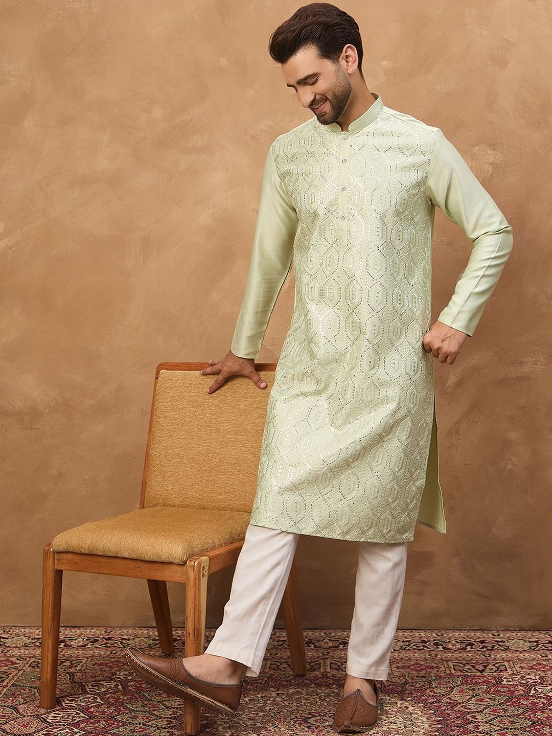 Ethnic Bay Men Peach Silk Blend Solid Embroidered Straight Kurta With Pant Set-MKSET1445