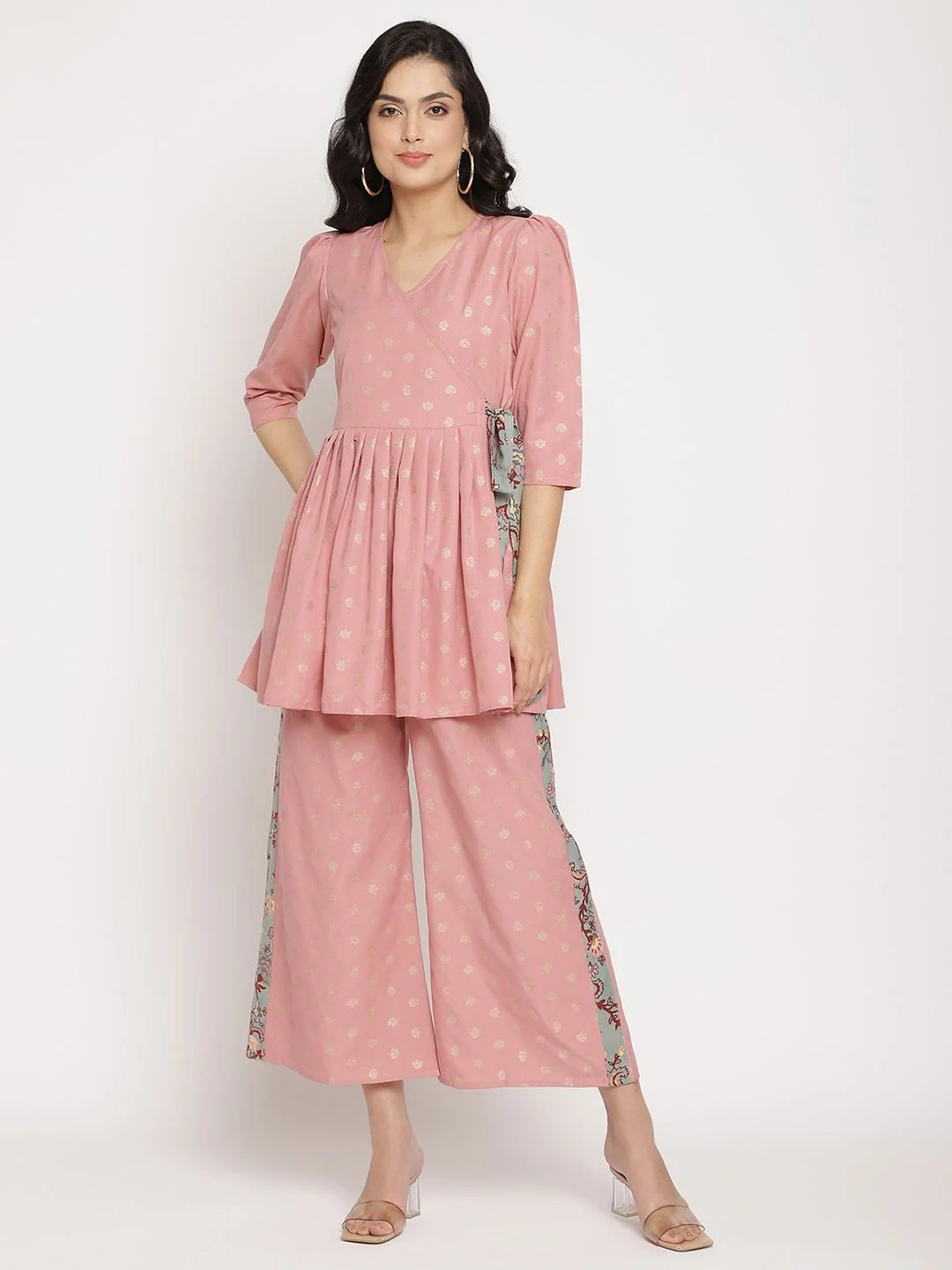 Pink Printed Co Ord Sets Women - Angrakha Kurti & Palazzo Set