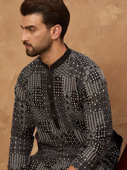 Ethnic Bay Men Black Silk Blend Geometric Printed Straight Kurta With Pant Set-MKSET1528