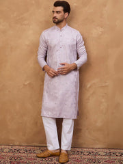 Ethnic Bay Men Lavender Silk Blend Solid Embroidered Straight Kurta With Pant Set-MKSET1443