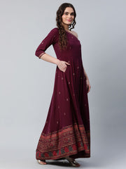 Burgundy & Gold-Toned Printed One Shoulder Ethnic Maxi Dress-AHKUCRGP-907-FF