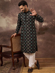 Ethnic Bay Men Black Silk Blend Solid Embroidered Straight Kurta With Pant Set-MKSET1384