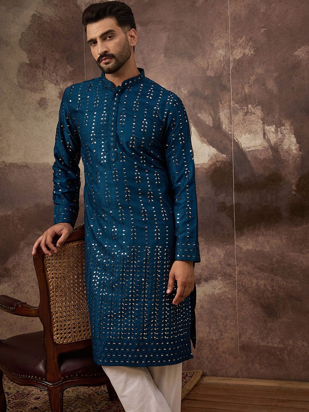 Ethnic Bay Men Blue Silk Blend Solid Embroidered Straight Kurta With Pant Set-MKSET1358