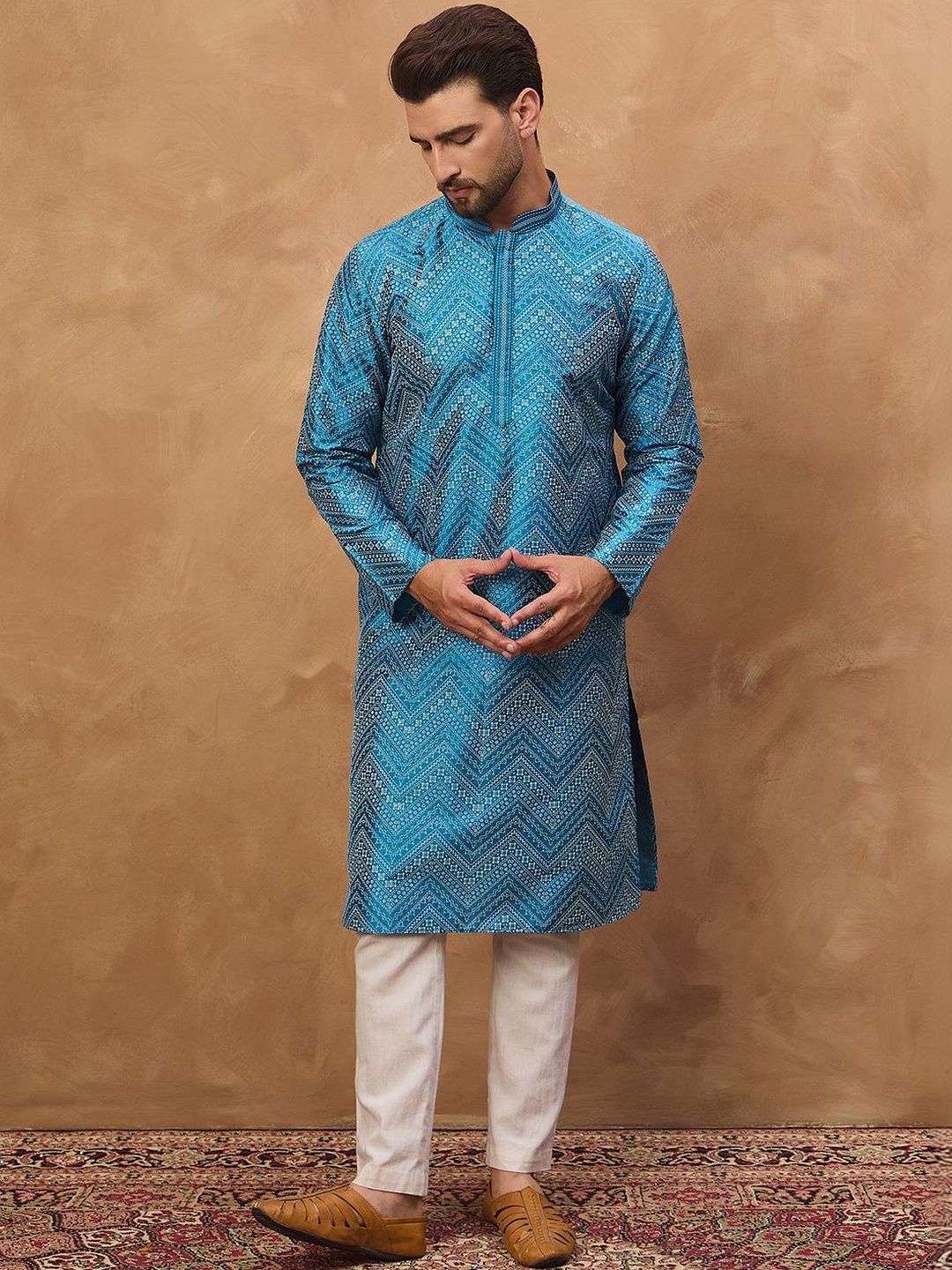 Ethnic Bay Men Blue Silk Blend Geometric Printed Straight Kurta With Pant Set-MKSET1531